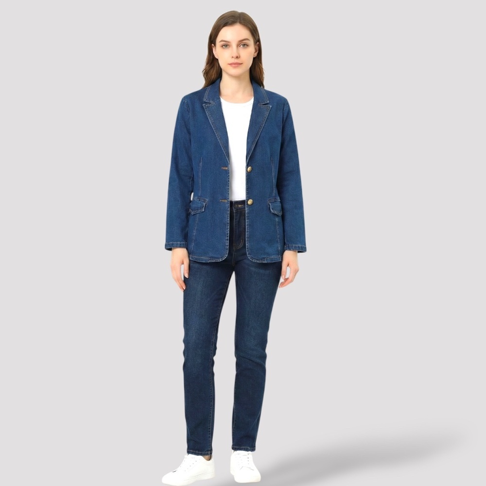 ALLEGRA K Cotton Blend Two Button Denim Blazer Front Flap Pockets US Sz XL